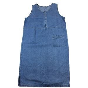 Vtg Cherokee‎ Denim Maxi Dress 22W Button Pocket Slit Art Teacher Cotton Luxury